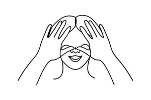 Happy Womans Hands Covering Eyes, Simple Line Art Drawing vector