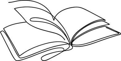 A minimalist line drawing depicts an open book, suggesting reading, learning, knowledge, and the exploration of stories and literature. Its singleline style is elegant and simple. vector