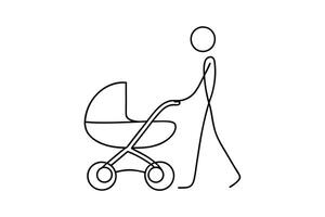 Stick Figure Parent Pushing Baby Stroller, Simple Illustration vector