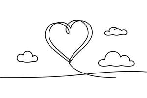 Simple Line Drawing Heart Shaped Balloon in Sky with Clouds vector