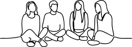 Simple line drawing of four young adults, two males and two females, sitting cross legged in a casual group. Minimalist style. vector