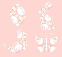 Set of cute Easter and spring elements with flowers in egg shape, bunny, baby chicken, butterfly. Hand drawn collection. Folk style Easter symbols. Flowers in Easter bunny shape vector