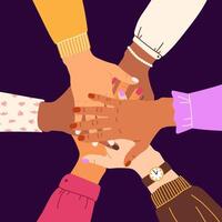 Hands of diverse people putting together. Cooperation, unity, partnership, agreement, teamwork vector