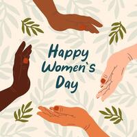 International Womens Day. diverse Hand putting together. feminism, unity, togetherness, partnership vector