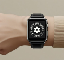 Realistic smartwatch mockup featuring touch screen display for UI presentations. Use this watch mockup for wearable device and smart tracker displays. psd