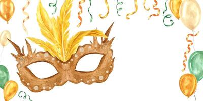 Golden mask with yellow bird feathers, ribbons, balloons rectangle frame with empty space for text. Mardi Gras, Brazilian, Venetian masquerade watercolor illustration isolated background. vector