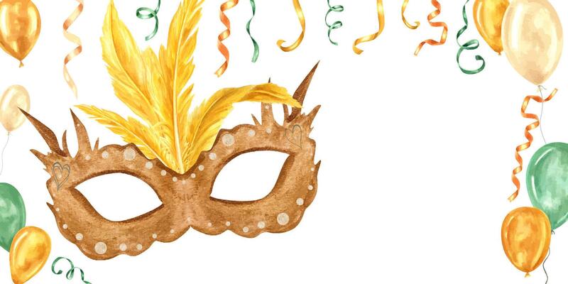 Golden mask with yellow bird feathers, ribbons, balloons rectangle frame with empty space for text. Mardi Gras, Brazilian, Venetian masquerade watercolor illustration isolated background.