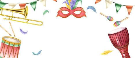 Watercolor music wind and percussion instruments, carnival mask, with feathers, flag garland horizontal frame isolated background. Masquerade parade illustration for invitation, greeting card vector