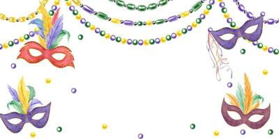 Carnival masquerade feather masks, colored beads watercolor horizontal frame. Music percussion, string and wind instruments, masks with feathers, bead garlands illustration with empty space for text vector