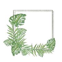 Watercolor tropical green leaves with square silver frame isolated background. Summer palm and monstera foliage illustration with copy space for text. Composition for greeting card, invitation vector