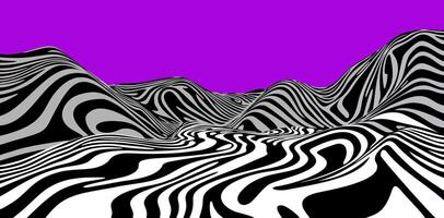 Black and white trippy wavy surface. Abstract mountains on purple background. geometric psychedelic print vector