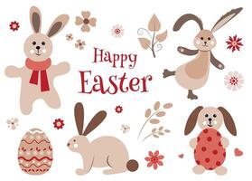 Set of beige, Easter bunnies and flowers on a white background. Happy Easter text. Greeting Card vector