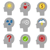A set of heads with different symbols. Thoughts, mood and emotions of a person. Sun, love, question mark, gears, puzzles, cloud, pain, money vector