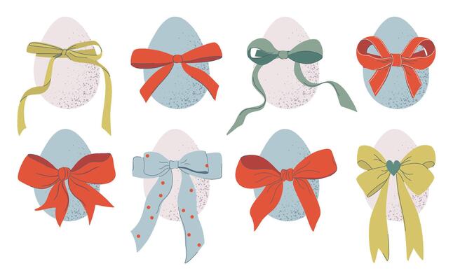 Easter eggs collection. Textured eggs with beautiful ribbon bows. Cute set of religion holiday eggs. Hand drawn flat design illustration.