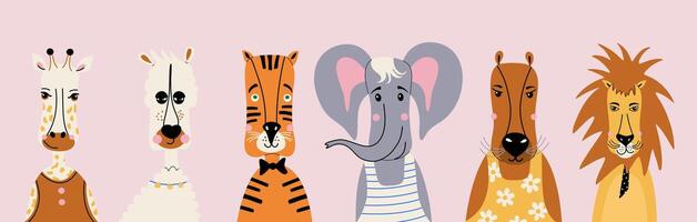 Cute set of wild animals. Funny vibrant colors characters, hand drawn kids collection. Flat style illustrations. vector