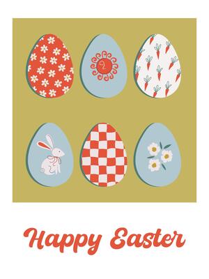 Happy Easter day card or poster with ornate eggs. Retro style holiday banner. Easter print with cute bunny and flowers. Abstract background. Flat design illustration.