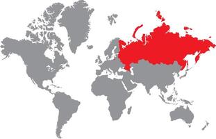 Illustration of Russia map highlighted in red color on grey world map on white background vector
