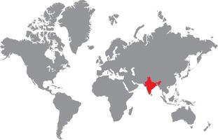 Illustration of India map highlighted in red color on grey world map on white background vector