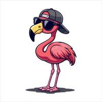 fashionable modern cartoon-style pink color flamingo with a relaxed pose sporting a cap and black sunglass standing casually on the ground vector