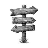 rustic wooden illustration of an old wooden signboard with a dual-pointing arrow direction sign illustrated in an ink-style drawing vector