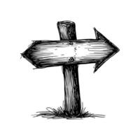 hand-drawn, black-and-white sketch of a wooden signpost featuring an arrow pointing to the right vector