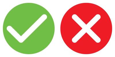 green tick and red x in circle, OK check mark and X cross icon symbol, illustration isolated on a white background vector