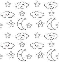 Seamless pattern of hand drawn doodle sketch clouds stars and moon with faces isolated on white background vector