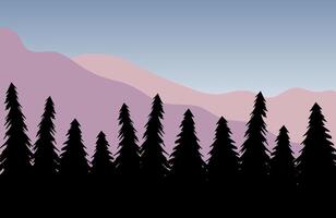 Flat cartoon colored landscape with spruce tree forest and mountain vector