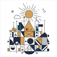 Abstract Geometric Cityscape with Sun and Shapes vector