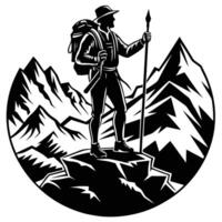 A man with a backpack and a hat standing on top of a mountain vector