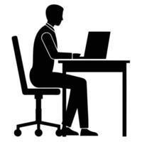 Silhouette of a man sitting at a desk with a laptop vector