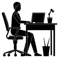 A silhouette of a man sitting at a desk with a laptop vector