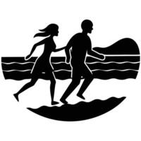 A silhouette of a couple running on the beach vector