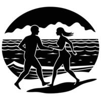 A man and woman running on the beach vector