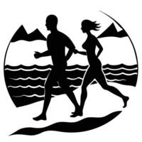 A silhouette of a man and woman running on the beach vector