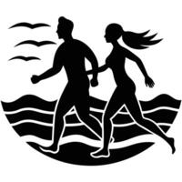 A silhouette of a man and woman running on the beach vector