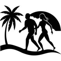 A silhouette of a couple walking on the beach vector