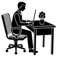 Man working at desk with laptop and plant vector