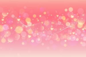 Pink background with lovely cute hearts and pattern of bokeh. Light pastel fantasy gradient sky with magic stars. Valentine Day blurred girly wallpaper. Dreamy glowing backdrop with fairy sparkles vector