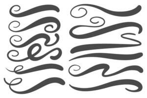 Swoosh lines. Hand drawn swirl underlines and squiggles. Doodle brush strokes, calligraphic flourishes and curve elegant highlights for graphic design isolated on white background vector