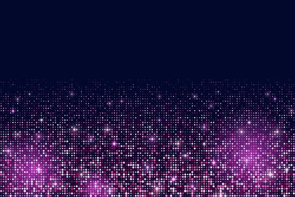 Pink glitter background with light of sparkles and sequins. Rose confetti pattern on black background. Shimmer with falling particles. Shiny bright border for birthday decoration.