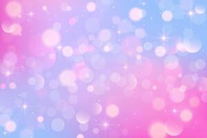 Rainbow unicorn background with stars pattern. Pink and purple cute sky with sparkles. Fantasy pastel magic blurred wallpaper with bokeh and glitter. Abstract holographic fairy space. vector