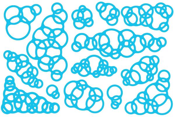 Soap foam cartoon illustration. Blue clouds of bath bubbles of shower gel and shampoo on white background. Piles of liquid suds of detergent for cleaning. Outline set