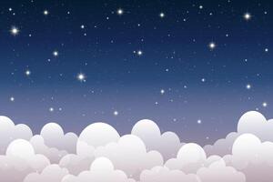 Dark night sky with glowing clouds shining stars and constellations. Blue gradient background depicts a magical cosmos, celestial nebula patterns, and astrology-inspired fantasy illustration. vector