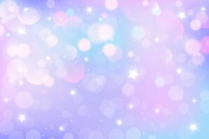 Cute purple and pink unicorn background with glittering stars. Kawaii fantasy sky with bokeh and sparkles. Dreamy fairy gradient pastel bg with holographic iridescent effect. wallpaper vector