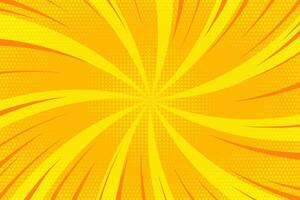 Yellow comic background with radial rays of light. Cartoon manga starburst and pop art dotted effect. Retro anime beams on orange backdrop with action lines. vector