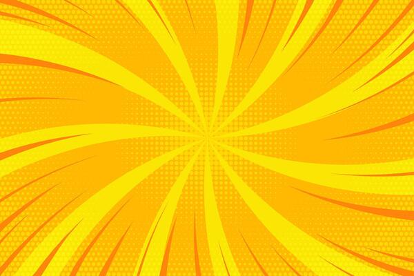 Yellow comic background with radial rays of light. Cartoon manga starburst and pop art dotted effect. Retro anime beams on orange backdrop with action lines.