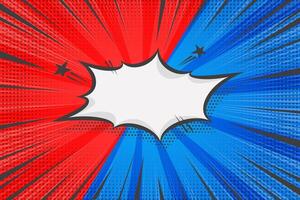Pop art background. Comic book superhero backdrop with retro starburst effect. Compare template with speech bubble frame. Blue and red vintage versus abstract poster with radial rays and halftone vector