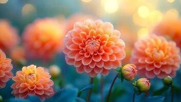 A field of orange flowers with blue sky in the background. The flowers are in full bloom and are very bright and colorful. Scene is cheerful and uplifting photo