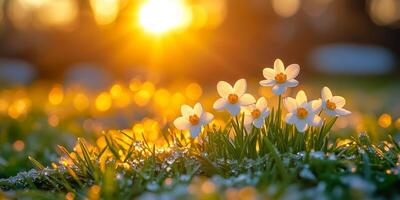A field of white flowers with a bright sun in the background. The sun is shining on the flowers, making them look even more beautiful. The scene is peaceful and serene, with the sun photo